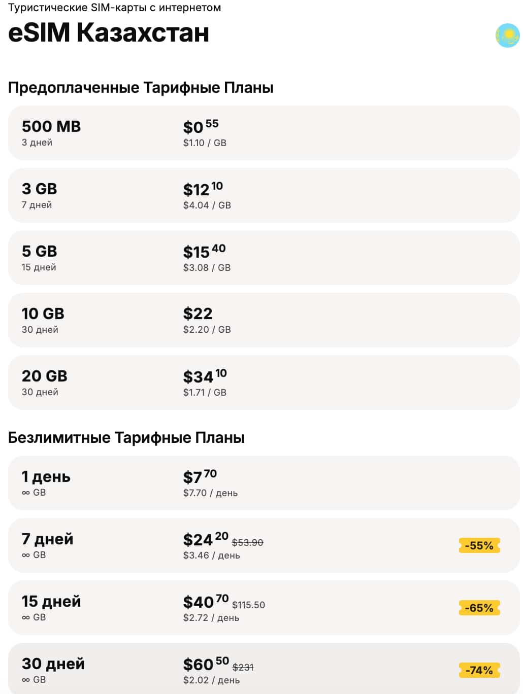 Тарифные планы Yesim